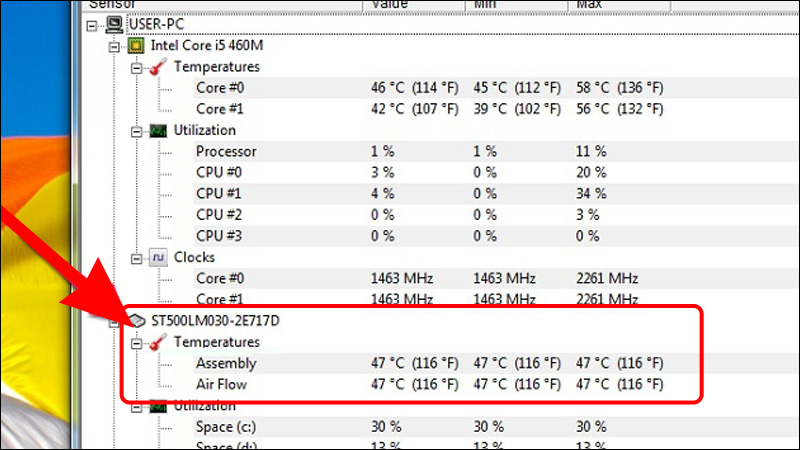 Bạn có thể xem nhiệt độ của ổ cứng tại dòng Temperatures